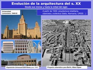 Evolución de la arquitectura del s. XX
Desde sus inicios y hasta la mitad del siglo
Universidad
Lomonosov, 1948-52
Proyecto urbanístico para Berlín, Albert SpeerExposición Universal EUR Roma para 1942
A partir de 1930: arquitectura totalitaria,
clasicista y ecléctica (Italia, Alemania, URSS…)
 