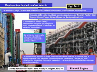 Movimientos desde los años setentaMovimientos desde los años setenta
La tendencia High Tech muestra la estructura del edificio con sus componentes tecnológicos.
Centro Pompidou de París, de R. Piano y R. Rogers, 1970-77
El entramado de barras, tubos y
elementos tecnológicos que se agolpan
en las fachadas hace que se parezca a un
mecano o una refinería.
La forma, los colores y la
altura de este edificio
resultan ser estridentes
para su entorno.
Integran este estilo nombres tan destacados como Norman Foster, Jean
Nouvel, Renzo Piano, Richard Rogers y Santiago Calatrava.
.
Las instalaciones del edificio tienen un código de colores para que el visitante sepa la
función que tiene cada elemento: rojo-comunicación (ascensores y escaleras), azul-
climatización, verde-agua (fontanería, desagües,…), el amarillo-electricidad y blanco-tomas y
extracciones de aire.
Piano & Rogers
High Tech
 