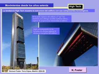 Movimientos desde los años setentaMovimientos desde los años setenta
La tendencia High Tech muestra la estructura del edificio con sus componentes tecnológicos.
Norman Foster. Torre Cepsa, Madrid, 2004-09 N. Foster
High Tech
triple acristalamiento de las
fachadas de oficinas mejoran la
eficiencia energética del edificio
En la parte superior del edificio, el “asa” fue
diseñado para albergar posibles turbinas eólicas,
capaces de proporcionar electricidad al edificio.
 
