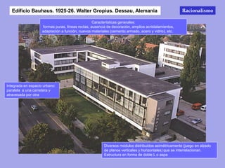 Edificio Bauhaus. 1925-26. Walter Gropius. Dessau, Alemania
Características generales:
formas puras, líneas rectas, ausencia de decoración, amplios acristalamientos,
adaptación a función, nuevos materiales (cemento armado, acero y vidrio), etc.
Integrada en espacio urbano:
paralela a una carretera y
atravesada por otra
Diversos módulos distribuidos asimétricamente (juego en alzado
de planos verticales y horizontales) que se interrelacionan.
Estructura en forma de doble L o aspa
Racionalismo
 