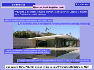 La Bauhaus
Mies van der Rohe (1886-1969)
Arquitecto y diseñador industrial alemán, colaborador de Gropius y director
de la Bauhaus en su última etapa.
Mies Van der Rohe. Pabellón alemán en Exposición Universal de Barcelona de 1929
Juego de formas ortogonales (perpendiculares entre muros y tejado)
Tejado de extremada planitud, avanza en saledizo generando un espacio intermedio exterior-interior
Estanque potencia sensación de espacios Indefinidos, donde no se sabe qué es interior y qué exterior
Muros de cristal y roca (mármol, travertino, ónice) que se
distribuyen libremente, a modo de pilares, definiendo el espacio
Racionalismo
 