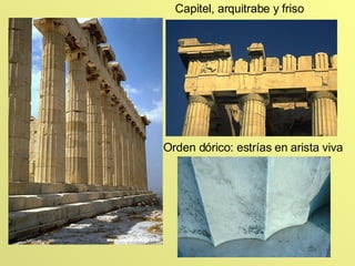 O PARTENÓN Orden dórico: estrías en arista viva Capitel, arquitrabe y friso 