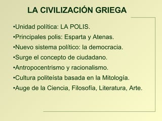 LA CIVILIZACIÓN GRIEGA Unidad política: LA POLIS.  Principales polis: Esparta y Atenas. Nuevo sistema político: la democracia.  Surge el concepto de ciudadano. Antropocentrismo y racionalismo.  Cultura politeísta basada en la Mitología.  Auge de la Ciencia, Filosofía, Literatura, Arte. 