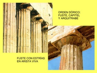 ORDEN DÓRICO: FUSTE, CAPITEL Y ARQUITRABE FUSTE CON ESTRÍAS EN ARISTA VIVA 