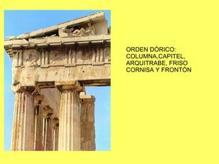 ORDEN DÓRICO: COLUMNA,CAPITEL, ARQUITRABE, FRISO CORNISA Y FRONTÓN 