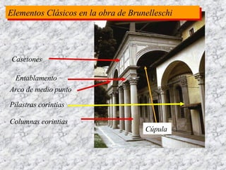Columnas corintias Arco de medio punto Casetones Pilastras corintias Cúpula Entablamento Elementos Clásicos en la obra de Brunelleschi 