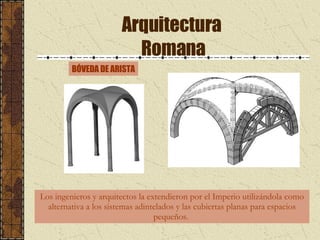 Arquitectura  Romana Los ingenieros y arquitectos la extendieron por el Imperio utilizándola como alternativa a los sistemas adintelados y las cubiertas planas para espacios pequeños.  BÓVEDA DE ARISTA 