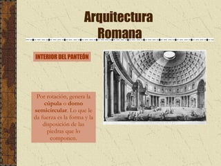 Arquitectura  Romana Por rotación, genera la  cúpula  o  domo semicircular . Lo que le da fuerza es la forma y la disposición de las piedras que lo componen. INTERIOR DEL PANTEÓN 