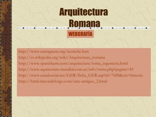 Arquitectura  Romana WEBGRAFÍA http://www.santagnese.org/tecniche.htm http://es.wikipedia.org/wiki/Arquitectura_romana http://www.spanisharts.com/arquitectura/roma_ingenieria.html http://www.aquitectura-mundial.com.ar/info/roma.php?pagina=45 http://www.canalsocial.net/GER/ficha_GER.asp?id=7688&cat=historia http://html.rincondelvago.com/arte-antiguo_2.html 