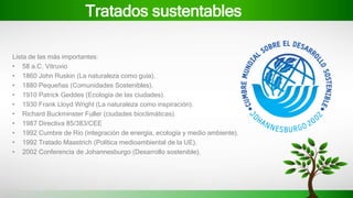 Tratados sustentables
Lista de las más importantes:
• 58 a.C. Vitruvio
• 1860 John Ruskin (La naturaleza como guía).
• 1880 Pequeñas (Comunidades Sostenibles).
• 1910 Patrick Geddes (Ecología de las ciudades).
• 1930 Frank Lloyd Wright (La naturaleza como inspiración).
• Richard Buckminster Fuller (ciudades bioclimáticas).
• 1987 Directiva 85/383/CEE
• 1992 Cumbre de Río (integración de energía, ecología y medio ambiente).
• 1992 Tratado Maastrich (Política medioambiental de la UE).
• 2002 Conferencia de Johannesburgo (Desarrollo sostenible).
 