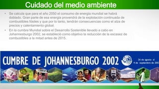 Cuidado del medio ambiente
• Se calcula que para el año 2050 el consumo de energía mundial se habrá
doblado. Gran parte de esa energía provendrá de la explotación continuada de
combustibles fósiles y que por lo tanto, tendrán consecuencias como el alza de
precios y calentamiento global.
• En la cumbre Mundial sobre el Desarrollo Sostenible llevado a cabo en
Johannesburgo 2002, se estableció como objetivo la reducción de la escasez de
combustibles a la mitad antes de 2015.
 