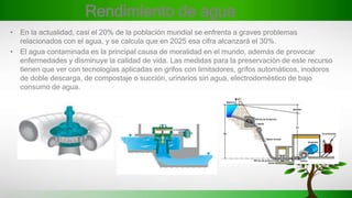Rendimiento de agua
• En la actualidad, casi el 20% de la población mundial se enfrenta a graves problemas
relacionados con el agua, y se calcula que en 2025 esa cifra alcanzará el 30%.
• El agua contaminada es la principal causa de moralidad en el mundo, además de provocar
enfermedades y disminuye la calidad de vida. Las medidas para la preservación de este recurso
tienen que ver con tecnologías aplicadas en grifos con limitadores, grifos automáticos, inodoros
de doble descarga, de compostaje o succión, urinarios sin agua, electrodoméstico de bajo
consumo de agua.
 