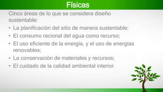 Físicas
Cinco áreas de lo que se considera diseño
sustentable:
• La planificación del sitio de manera sustentable;
• El consumo racional del agua como recurso;
• El uso eficiente de la energía, y el uso de energías
renovables;
• La conservación de materiales y recursos;
• El cuidado de la calidad ambiental interior.
 