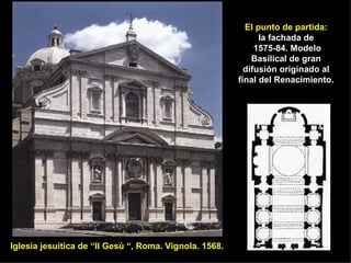 El punto de partida: la fachada de  1575-84. Modelo Basilical de gran difusión originado al final del Renacimiento. Iglesia jesuítica de “Il Gesú “, Roma. Vignola. 1568.  