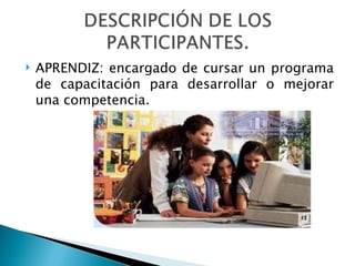    APRENDIZ: encargado de cursar un programa
    de capacitación para desarrollar o mejorar
    una competencia.
 