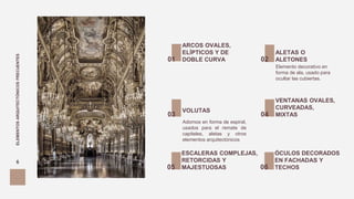 ARCOS OVALES,
ELÍPTICOS Y DE
DOBLE CURVA01
ESCALERAS COMPLEJAS,
RETORCIDAS Y
MAJESTUOSAS05
VOLUTAS
Adornos en forma de espiral,
usados para el remate de
capiteles, aletas y otros
elementos arquitectónicos
03
ALETAS O
ALETONES02
ÓCULOS DECORADOS
EN FACHADAS Y
TECHOS06
VENTANAS OVALES,
CURVEADAS,
MIXTAS04
ELEMENTOSARQUITECTÓNICOSFRECUENTES
Elemento decorativo en
forma de ala, usado para
ocultar las cubiertas.
6
 