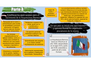 Establecer las motivaciones para el
nacimiento de la Arquitectura Barroca.
Búsqueda de lo nuevo y
extraordinario para excitar
la sensibilidad y provocar
admiración: el ingenio
barroco esta por encima
del genio renacentista
El capricho personal
individual sustituye a las
normas clásicas.
Tendencia a superar todo
limite: gusto por lo
monstruoso y
desmesurado.
Dinamismo y contorsión
de los gestos, rapidez y
retorcimiento en el estilo
Subordinación del conjunto
a un motivo central:
contraposición de extremos
Deformación expresionista
de la realidad e idealización
desorbitada. Desequilibrio
Juego de
luces y
sombras.
Tenebrismo
Los acontecimientos políticos también
tuvieron influencia en el mundo del arte.
Las monarquías absolutas de Francia y
España promocionaron la creación de
obras que, con grandiosidad y
esplendor, reflejaran la majestad de Luis
XIV y de la casa de Austria, especial de
Felipe III y Felipe IV.
Se introdujo
originalmente por la
Iglesia Católica, como un
medio para combatir la
Reforma con una nueva
arquitectura para inspirar
sorpresa y asombro a
las personas.
En que país se inició este movimiento
y quienes fueron los arquitectos
precursores de la misma
La Arquitectura Barroca
nació en ITALIA en el
año 1605, desarrollada
en el siglo XVII y parte
del XVIII, extendida a
partir de allí a toda
Europa.
 