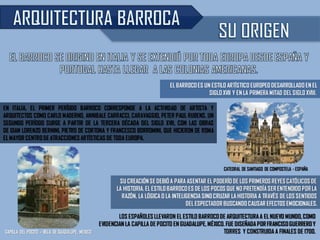 SU CREACIÓN SE DEBIÓ A PARA ASENTAR EL PODERÍO DE LOS PRIMEROS REYES CATÓLICOS DE
LA HISTORIA. EL ESTILO BARROCOES DE LOS POCOS QUE NO PRETENDÍA SER ENTENDIDO POR LA
RAZÓN, LA LÓGICA O LA INTELIGENCIA SINO CRUZAR LA HISTORIA A TRAVÉS DE LOS SENTIDOS
DEL ESPECTADOR BUSCANDO CAUSAR EFECTOS EMOCIONALES.
EN ITALIA, EL PRIMER PERÍODO BARROCO CORRESPONDE A LA ACTIVIDAD DE ARTISTA Y
ARQUITECTOS COMO CARLO MADERNO, ANNIBALE CARRACCI, CARAVAGGIO, PETER PAUL RUBENS. UN
SEGUNDO PERÍODO SURGE A PARTIR DE LA TERCERA DÉCADA DEL SIGLO XVII, CON LAS OBRAS
DE GIAN LORENZO BERNINI, PIETRO DE CORTONA Y FRANCESCO BORROMINI, QUE HICIERON DE ROMA
EL MAYOR CENTRO DE ATRACCIONES ARTÍSTICAS DE TODA EUROPA.
EL BARROCOES UN ESTILO ARTÍSTICO EUROPEO DESARROLLADO EN EL
SIGLO XVII Y EN LA PRIMERA MITAD DELSIGLO XVIII.
CATEDRAL DE SANTIAGO DE COMPOSTELA - ESPAÑA
LOS ESPAÑOLES LLEVARON EL ESTILO BARROCODE ARQUITECTURA A EL NUEVO MUNDO,COMO
EVIDENCIAN LA CAPILLA DE POCITO EN GUADALUPE, MÉXICO. FUE DISEÑADA POR FRANCISOGUERREROY
TORRES Y CONSTRUIDA A FINALES DE 1700.
CAPILLA DEL POCITO – VILLA DE GUADALUPE, MEXICO
 