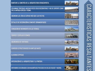 MANTUVO LA SIMETRÍA DE LA ARQUITECTURA RENACENTISTA.
COLUMNAS TORCIDAS,MUCHAS VECES SOLO DECORATIVAS Y NO DE SOPORTE COMO
EN LA ANTIGUA GRECIA Y ROMA.
ABUNDAN LAS LÍNEAS CURVAS MÁS QUE LAS RECTAS.
DETALLES DE DECORACIÓN ALTAMENTE ORNAMENTADOS.
SENSACIÓN DE MOVIMIENTO EN LAS FORMAS.
TORRES Y CÚPULAS O DOMOS.
ABUNDANCIA DE VENTANAS.
EDIFICIOS ESTRUCTURADOS EN AMPLIAS NAVES
ILUSIONES ÓPTICAS
INTEGRACIÓN DE LA ARQUITECTURA Y LA PINTURA
INTERIORES DECORADOS CON MAGNÍFICOS FRESCOS EN CIELOS RASOS Y MUROS.
 