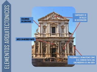CANTIDADES DE
DETALLES
DE DECORACIÓN
ARCO EN MERDIOPUNTO
PREDOMIDA EL DRAMATISMO COMO
SI EL EDIDICIO FUERA UNA
ENCENOGRAFIA DE UNA OBRA
COLUMNAS
DECORATIVAS
 