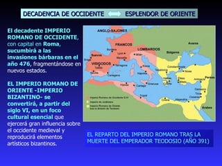 DECADENCIA DE OCCIDENTE  ESPLENDOR DE ORIENTE El decadente IMPERIO ROMANO DE OCCIDENTE , con capital en  Roma ,  sucumbirá a las invasiones bárbaras en el año 476 , fragmentándose en nuevos estados.  EL IMPERIO ROMANO DE ORIENTE -IMPERIO BIZANTINO-   se convertirá, a partir del siglo VI, en un foco cultural esencial  que ejercerá gran influencia sobre el occidente medieval y reproducirá elementos artísticos bizantinos. EL REPARTO DEL IMPERIO ROMANO TRAS LA MUERTE DEL EMPERADOR TEODOSIO (AÑO 391) 