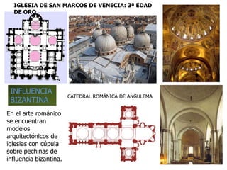 En el arte románico
se encuentran
modelos
arquitectónicos de
iglesias con cúpula
sobre pechinas de
influencia bizantina.
IGLESIA DE SAN MARCOS DE VENECIA: 3ª EDAD
DE ORO
CATEDRAL ROMÁNICA DE ANGULEMA
INFLUENCIA
BIZANTINA
 