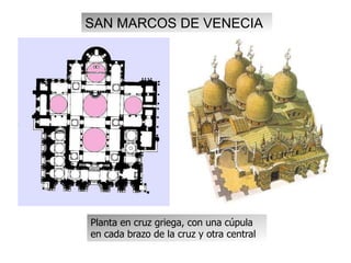 SAN MARCOS DE VENECIA
Planta en cruz griega, con una cúpula
en cada brazo de la cruz y otra central
 