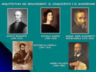 DONATO BRAMANTE (1444-1514) RAFAELLO SANZIO (1483-1520) ARQUITECTURA DEL RENAIXEMENT: EL CINQUECENTO I EL MANIERISME MIQUEL ÀNGEL BUONARROTI MICHELANGELO (1475-1564) ANDREA PALLADIO (1508-1580) GIACOMO DA VIGNOLA (1507-1573) 