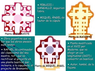 Obra gegantina que va fer que les obres anessin molt lentes. RAFAEL és continuador del classicisme del seu mestre, tot i que va rectificar el projecte en una planta basilical que inclouria, a la capçalera, el projecte de Bramante. Planta de MIQUEL ÀNGEL Planta modificada en el XVII per Maderno, que va afegir un cos longitudinal (1607) i convertir en basilical. Autor, també, de la façana.  Planta de BRAMANTE PERUZZI i SANGALLO, seguirien l’obra. MIQUEL ÀNGEL és l’autor de la cúpula Planta de MADERNO 