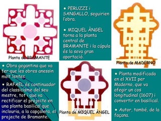 Obra gegantina que va fer que les obres anessin molt lentes. RAFAEL és continuador del classicisme del seu mestre, tot i que va rectificar el projecte en una planta basilical que inclouria, a la capçalera, el projecte de Bramante. Planta de MIQUEL ÀNGEL Planta modificada en el XVII per Maderno, que va afegir un cos longitudinal (1607) i convertir en basilical. Autor, també, de la façana.  Planta de BRAMANTE PERUZZI i SANGALLO, seguirien l’obra. MIQUEL ÀNGEL torna a la planta central de BRAMANTE i la cúpula és la seva gran aportació. Planta de MADERNO 