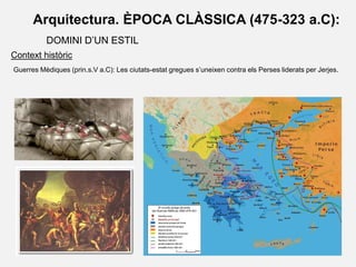 Arquitectura. ÈPOCA CLÀSSICA (475-323 a.C):
DOMINI D’UN ESTIL
Context històric
Guerres Mèdiques (prin.s.V a.C): Les ciutats-estat gregues s’uneixen contra els Perses liderats per Jerjes.
 