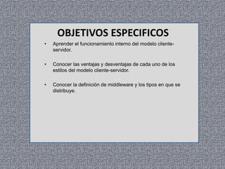 OBJETIVOS ESPECIFICOS
•

Aprender el funcionamiento interno del modelo clienteservidor.

•

Conocer las ventajas y desventajas de cada uno de los
estilos del modelo cliente-servidor.

•

Conocer la definición de middleware y los tipos en que se
distribuye.

 