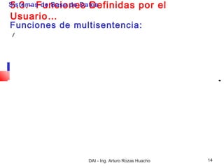 5.3.- Funciones Definidas
Sistemas de Base de Datos               por el
Usuario…
Funciones de multisentencia:
/




                DAI - Ing. Arturo Rozas Huacho   14
 