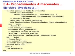 Sistemas de Base de Datos
5.4- Procedimientos Almacenados…
Ejercicios (Problema 2 …)
 -- Insertar prestamo en tabla de movimientos
         insert into #Movimientos
             values(@FechaCancelacion,'',@DocCancelacion, 0,
                     @ImportePrestamo, @SaldoPrestamo, @SaldoTotal)
         -- Siguiente registro
         fetch next from cursor_Cancelacion
         into @DocCancelacion, @FechaCancelacion, @ImporteCancelacion
       end; -- while
       -- Cerrar Cursor
       close cursor_Cancelacion;
       deallocate cursor_Cancelacion;
       -- Siguiente registro de prestamo
       fetch next from cursor_Prestamo
       into @DocPrestamo, @FechaPrestamo, @ImportePrestamo
     end; -- while
     -- Cerrar Cursor
     close cursor_Prestamo;
     deallocate cursor_Prestamo;
  -- Mostrar Movimientos
  select *
     from #Movimientos
end;

                             DAI - Ing. Arturo Rozas Huacho             29
 