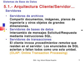 Sistemas de Base de Datos

5.1.- Arquitectura Cliente/Servidor…
 Servidores
 •   Servidores de archivos
     Compartir documentos, imágenes, planos de
     ingeniería y otros objetos de grandes
     dimensiones.
 •   Servidores de bases de datos
     Intercambio de mensajes Solicitud/Respuesta
     mediante instrucciones SQL.
 •   Servidores de transacciones
     El cliente invoca procedimientos remotos que
     residen en el servidor. Los enunciados de SQL
     aciertan o fallan todos como una sola unidad.
     (OLAP: Online Transaction Processing)

                      DAI - Ing. Arturo Rozas Huacho   3
 