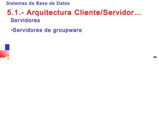 Sistemas de Base de Datos

5.1.- Arquitectura Cliente/Servidor…
 Servidores
 •Servidores de groupware




                      DAI - Ing. Arturo Rozas Huacho   4
 