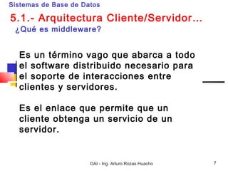 Sistemas de Base de Datos

5.1.- Arquitectura Cliente/Servidor…
 ¿Qué es middleware?


  Es un término vago que abarca a todo
  el software distribuido necesario para
  el soporte de interacciones entre
  clientes y servidores.

  Es el enlace que permite que un
  cliente obtenga un servicio de un
  servidor.


                      DAI - Ing. Arturo Rozas Huacho   7
 