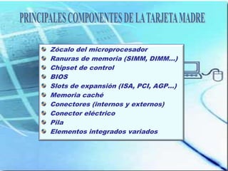 Zócalo del microprocesador
Ranuras de memoria (SIMM, DIMM...)
Chipset de control
BIOS
Slots de expansión (ISA, PCI, AGP...)
Memoria caché
Conectores (internos y externos)
Conector eléctrico
Pila
Elementos integrados variados
 