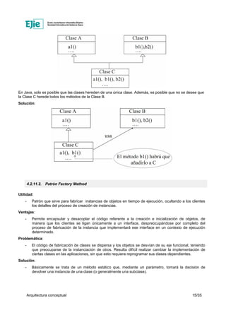 Arquitectura conceptual 15/35
En Java, solo es posible que las clases hereden de una única clase. Además, es posible que no se desee que
la Clase C herede todos los métodos de la Clase B.
Solución:
4.2.11.2. Patrón Factory Method
Utilidad:
- Patrón que sirve para fabricar instancias de objetos en tiempo de ejecución, ocultando a los clientes
los detalles del proceso de creación de instancias.
Ventajas:
- Permite encapsular y desacoplar el código referente a la creación e inicialización de objetos, de
manera que los clientes se ligan únicamente a un interface, despreocupándose por completo del
proceso de fabricación de la instancia que implementará ese interface en un contexto de ejecución
determinado.
Problemática:
- El código de fabricación de clases se dispersa y los objetos se desvían de su eje funcional, teniendo
que preocuparse de la instanciación de otros. Resulta difícil realizar cambiar la implementación de
ciertas clases en las aplicaciones, sin que esto requiera reprogramar sus clases dependientes.
Solución:
- Básicamente se trata de un método estático que, mediante un parámetro, tomará la decisión de
devolver una instancia de una clase (o generalmente una subclase).
 