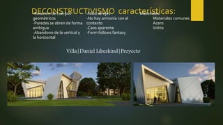 DECONSTRUCTIVISMO características:-Rotación de cuerpos
geométricos
-Paredes se abren de forma
ambigua
-Abandono de la vertical y
la horizontal
-Nido de ejes
-No hay armonía con el
contexto
-Caos aparente
-Form follows fantasy
Materiales:
Materiales comunes
Acero
Vidrio
Villa|Daniel Libeskind|Proyecto
 
