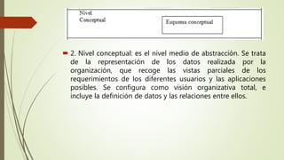  2. Nivel conceptual: es el nivel medio de abstracción. Se trata
de la representación de los datos realizada por la
organización, que recoge las vistas parciales de los
requerimientos de los diferentes usuarios y las aplicaciones
posibles. Se configura como visión organizativa total, e
incluye la definición de datos y las relaciones entre ellos.
 
