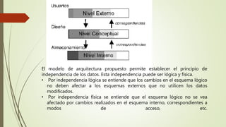 El modelo de arquitectura propuesto permite establecer el principio de
independencia de los datos. Esta independencia puede ser lógica y física.
• Por independencia lógica se entiende que los cambios en el esquema lógico
no deben afectar a los esquemas externos que no utilicen los datos
modificados.
• Por independencia física se entiende que el esquema lógico no se vea
afectado por cambios realizados en el esquema interno, correspondientes a
modos de acceso, etc.
 