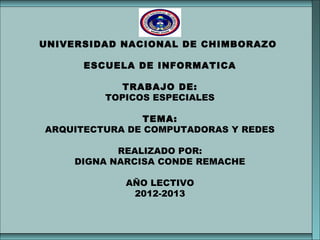 UNIVERSIDAD NACIONAL DE CHIMBORAZO
ESCUELA DE INFORMATICA
TRABAJO DE:
TOPICOS ESPECIALES
TEMA:
ARQUITECTURA DE COMPUTADORAS Y REDES
REALIZADO POR:
DIGNA NARCISA CONDE REMACHE
AÑO LECTIVO
2012-2013
UNIVERSIDAD NACIONAL DE CHIMBORAZO
ESCUELA DE INFORMATICA
TRABAJO DE:
TOPICOS ESPECIALES
TEMA:
ARQUITECTURA DE COMPUTADORAS Y REDES
REALIZADO POR:
DIGNA NARCISA CONDE REMACHE
AÑO LECTIVO
2012-2013
 