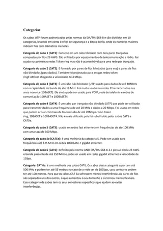 Categorias

Os cabos UTP foram padronizados pelas normas da EIA/TIA-568-B e são divididos em 10
categorias, levando em conta o nível de segurança e a bitola do fio, onde os números maiores
indicam fios com diâmetros menores.

Categoria do cabo 1 (CAT1): Consiste em um cabo blindado com dois pares trançados
compostos por fios 26 AWG. São utilizados por equipamentos de telecomunicação e rádio. Foi
usado nas primeiras redes Token-ring mas não é aconselhável para uma rede par trançado.

Categoria do cabo 2 (CAT2): É formado por pares de fios blindados (para voz) e pares de fios
não blindados (para dados). Também foi projectado para antigas redes token
ringE ARCnet chegando a velocidade de 4 Mbps.

Categoria do cabo 3 (CAT3): É um cabo não blindado (UTP) usado para dados de até 10Mbits
com a capacidade de banda de até 16 MHz. Foi muito usado nas redes Ethernet criadas nos
anos noventa (10BASET). Ele ainda pode ser usado para VOIP, rede de telefonia e redes de
comunicação 10BASET e 100BASET4.

Categoria do cabo 4 (CAT4): É um cabo par trançado não blindado (UTP) que pode ser utilizado
para transmitir dados a uma frequência de até 20 MHz e dados a 20 Mbps. Foi usado em redes
que podem actuar com taxa de transmissão de até 20Mbps como token
ring, 10BASET e 100BASET4. Não é mais utilizado pois foi substituído pelos cabos CAT5 e
CAT5e.

Categoria do cabo 5 (CAT5): usado em redes fast ethernet em frequências de até 100 MHz
com uma taxa de 100 Mbps.

Categoria do cabo 5e (CAT5e): é uma melhoria da categoria 5. Pode ser usado para
frequências até 125 MHz em redes 1000BASE-T gigabit ethernet.

Categoria do cabo 6 (CAT6): definido pela norma ANSI EIA/TIA-568-B-2.1 possui bitola 24 AWG
e banda passante de até 250 MHz e pode ser usado em redes gigabit ethernet a velocidade de
1Gbps.

Categoria: CAT 6a: é uma melhoria dos cabos CAT6. Os cabos dessa categoria suportam até
500 MHz e podem ter até 55 metros no caso de a rede ser de 10Gbps, caso contrário podem
ter até 100 metros. Para que os cabos CAT 6a sofressem menos interferências os pares de fios
são separados uns dos outros, o que aumentou o seu tamanho e os tornou menos flexíveis.
Essa categoria de cabos tem os seus conectores específicos que ajudam ao evitar
interferências.
 