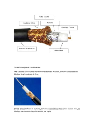 Cabo Coaxial


            Escudo de Cobre                  Alumínio

                                                                 Condutor Central




       Camada de Borracha
                                                        Cabo Coaxial




Existem dois tipos de cabos coaxiais:

Fino- Os cabos coaxiais finos normalmente são feitos de cobre, têm uma velocidade até
10mbps. Uma frequência de 2ghz.




Grosso- Estes são feitos de alumínio, têm uma velocidade igual aos cabos coaxiais finos, de
10mbps, mas têm uma frequência maior, de 10ghz.
 