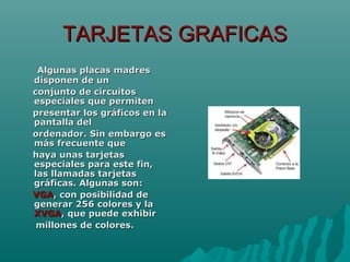 TARJETAS GRAFICASTARJETAS GRAFICAS
Algunas placas madresAlgunas placas madres
disponen de undisponen de un
conjunto de circuitosconjunto de circuitos
especiales que permitenespeciales que permiten
presentar los gráficos en lapresentar los gráficos en la
pantalla delpantalla del
ordenador. Sin embargo esordenador. Sin embargo es
más frecuente quemás frecuente que
haya unas tarjetashaya unas tarjetas
especiales para este fin,especiales para este fin,
las llamadas tarjetaslas llamadas tarjetas
gráficas. Algunas son:gráficas. Algunas son:
VGAVGA, con posibilidad de, con posibilidad de
generar 256 colores y lagenerar 256 colores y la
XVGAXVGA, que puede exhibir, que puede exhibir
millones de colores.millones de colores.
 