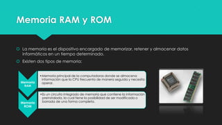 Memoria RAM y ROM
 La memoria es el dispositivo encargado de memorizar, retener y almacenar datos
informáticos en un tiempo determinado.
 Existen dos tipos de memoria:
Memoria
RAM
•Memoria principal de la computadoras donde se almacena
información que la CPU frecuenta de manera seguida y necesita
operar.
Memoria
ROM
•Es un circuito integrado de memoria que contiene la información
preinstalada, la cual tiene la posibilidad de ser modificada o
borrada de una forma completa.
 