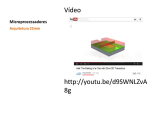 Microprocessadores
Vídeo
http://youtu.be/d9SWNLZvA
8g
Arquitetura 22mm
 
