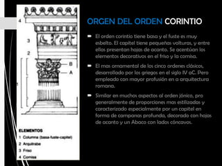 ORGEN DEL ORDEN CORINTIO
 El orden corintio tiene basa y el fuste es muy
esbelto. El capitel tiene pequeñas volturas, y entre
ellas presentan hojas de acanto. Se acentúan los
elementos decorativos en el friso y la cornisa.
 El mas ornamental de los cinco ordenes clásicos,
desarrollado por los griegos en el siglo IV aC. Pero
empleado con mayor profusión en a arquitectura
romana.
 Similar en muchos aspectos al orden jónico, pro
generalmente de proporciones mas estilizadas y
caracterizado especialmente por un capitel en
forma de campanas profunda, decorado con hojas
de acanto y un Abaco con lados cóncavos.
 