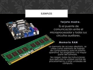 Es el puente de
comunicación entre el
microprocesador y todos sus
circuitos auxiliares.
La memoria de acceso aleatorio, se
utiliza como memoria de trabajo
de computadoras para el sistema
operativo, los programas y la mayor
parte del software.
Se cargan todas las instrucciones
que ejecutan la unidad central de
procesamiento y otras unidades de
cómputo.
Tarjeta madre.
Memoria RAM
EJEMPLOS
 
